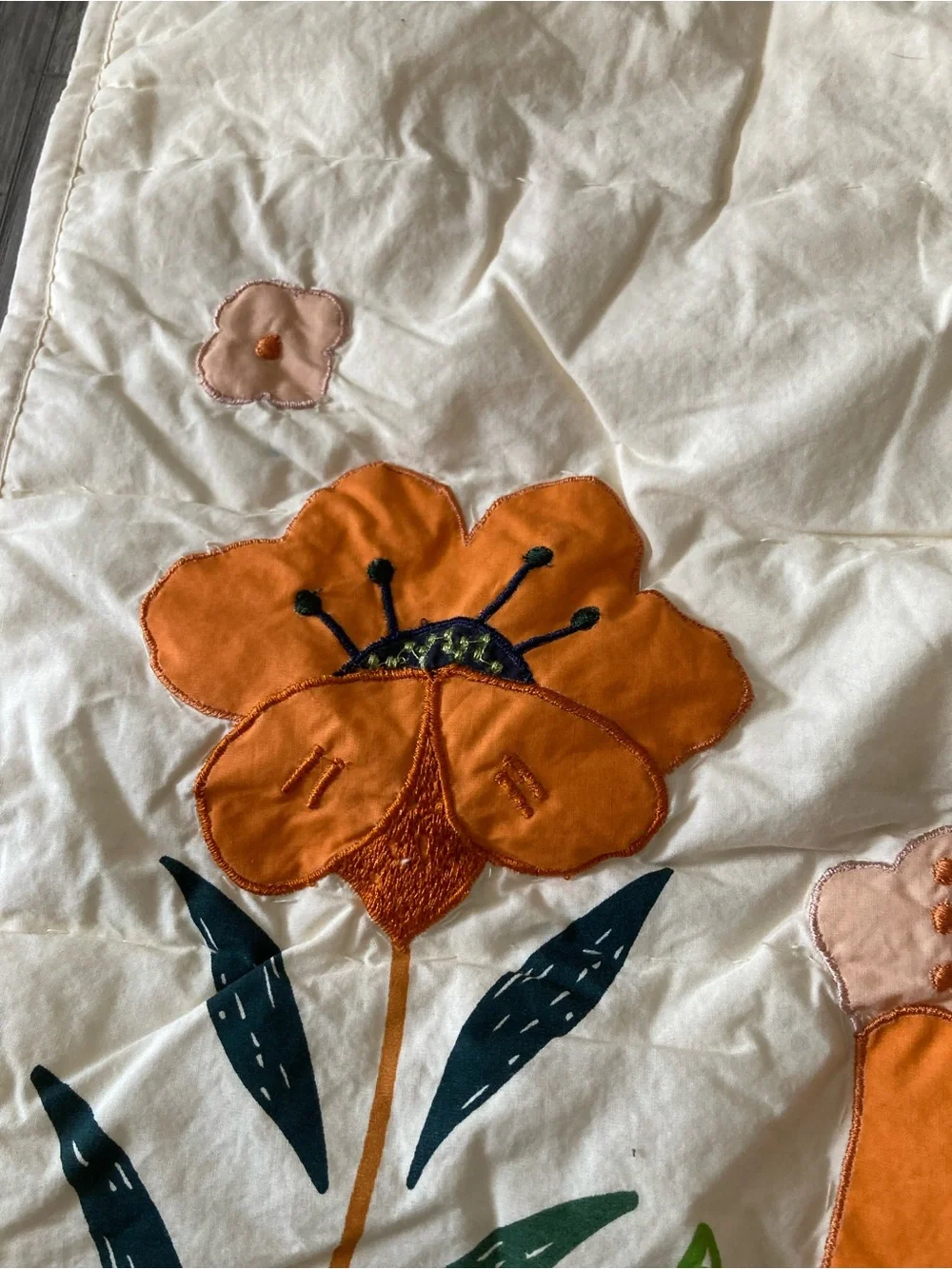 Crate & Barrel Cream Quilted Pillow Sham with Orange Floral Appliqué Standard